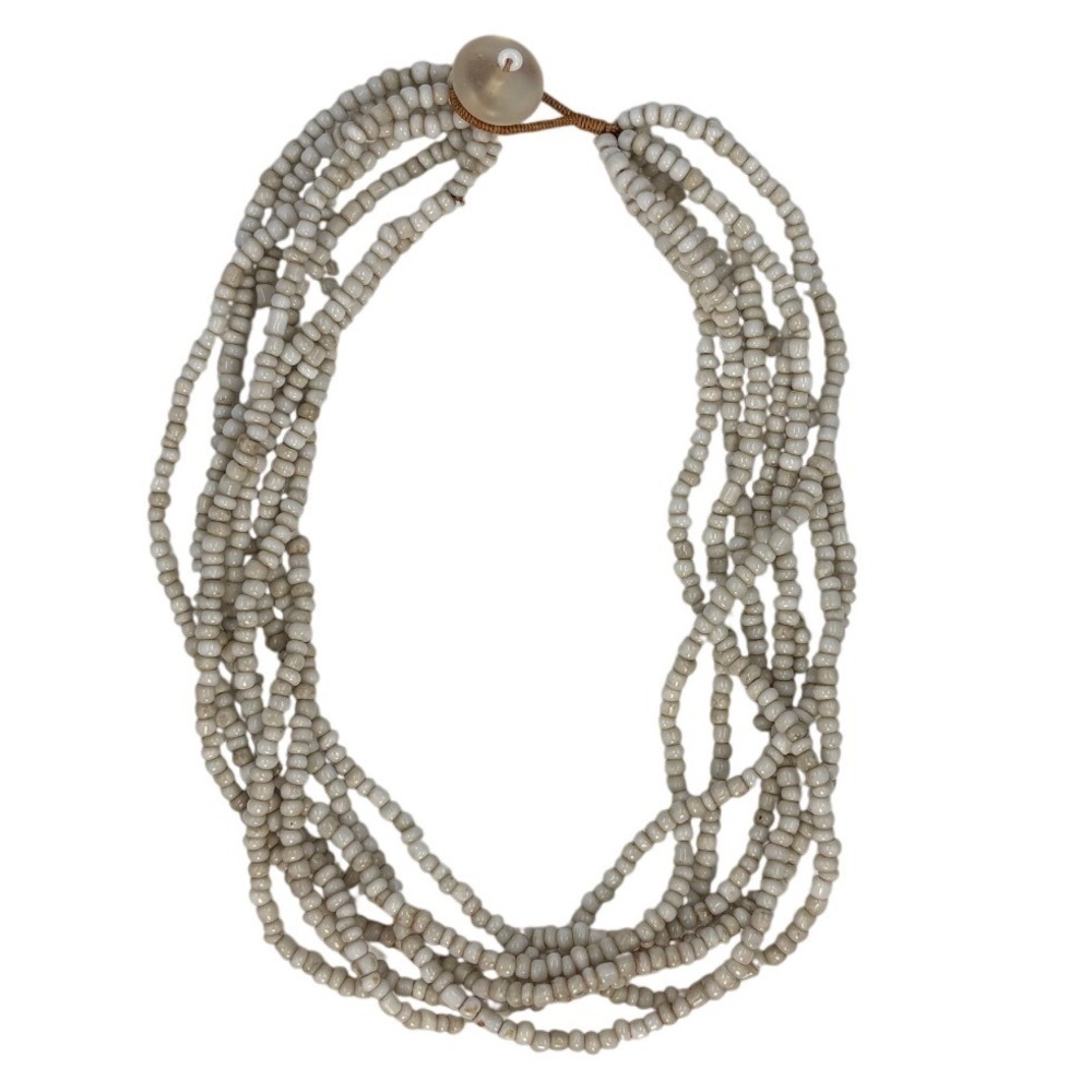 Vintage Multi Strand Large Seed Bead Choker Necklace Off-White Boho Retro Beachy